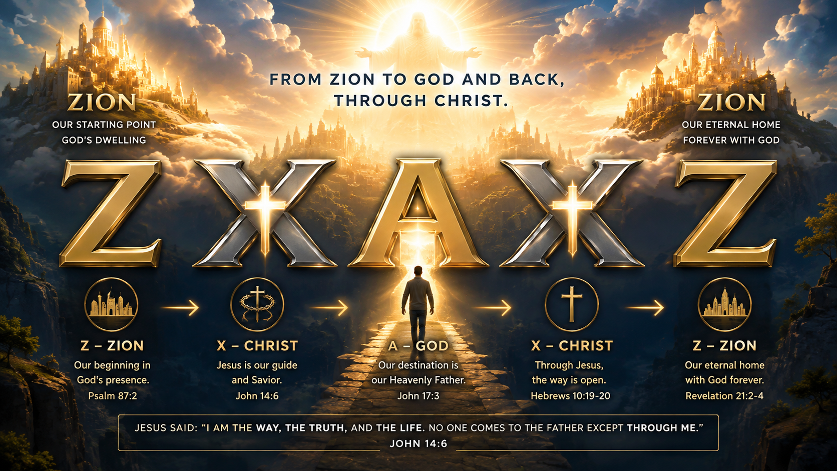 ZXAXZ — From Zion to God and back, through Christ. A path leads through a golden gate toward the Father, flanked by the heavenly city of Zion and the cross of Christ.